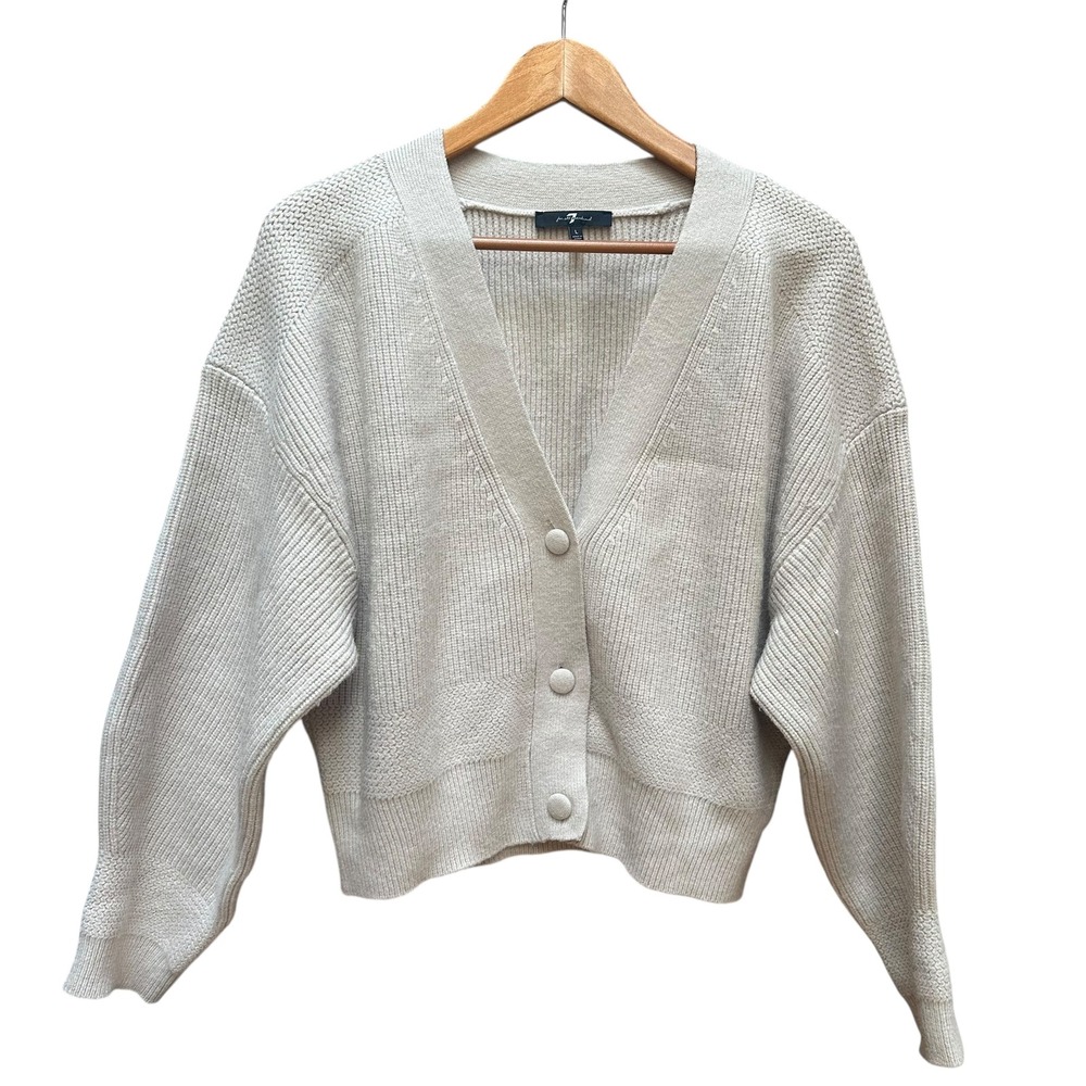 7 For All Mankind Womens Cardigan Sweater Knit Size LG Cream Boho Chunky